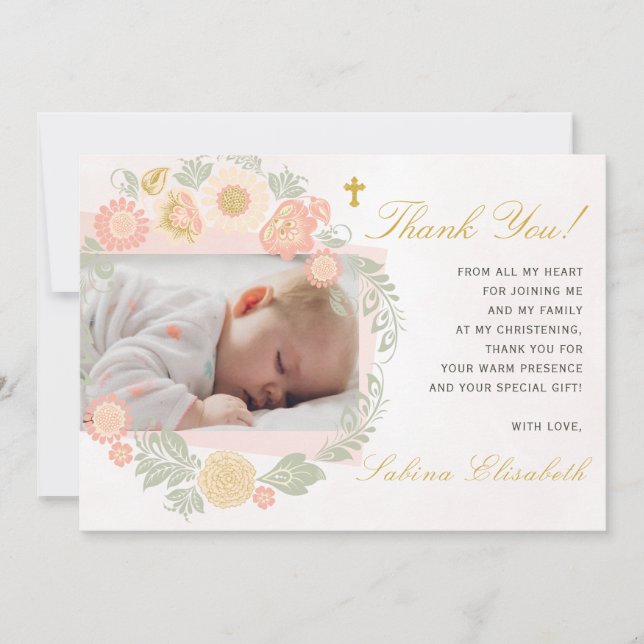 Baptism Christening Baby Girl Spring Floral Photo Thank You Card (Front)