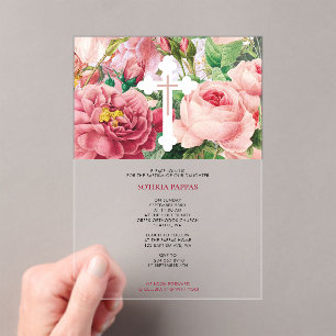 Baptism Christening Baptism Girl Pink Roses Acrylic Invitations