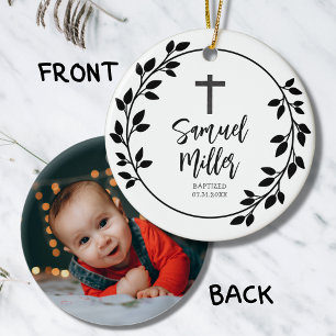 Baptism Christening Black Leaves Ceramic Ornament