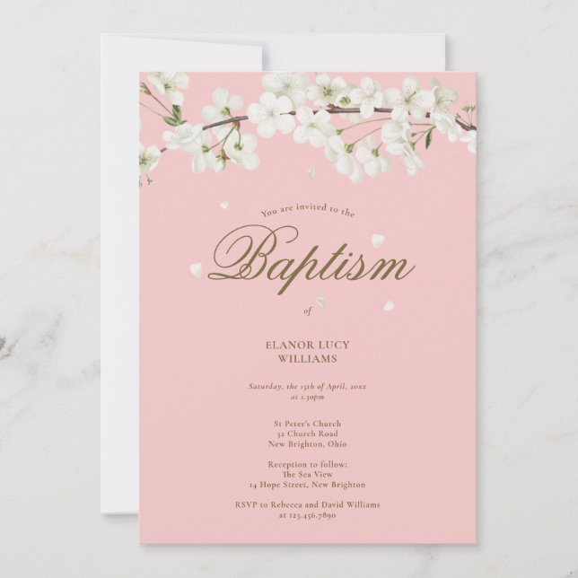Baptism Christening Blossom Floral Blush Pink Invitation (Front)