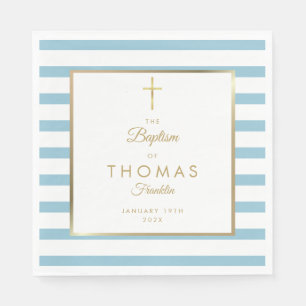 Baptism Christening Blue Stripe Gold Cross Napkin
