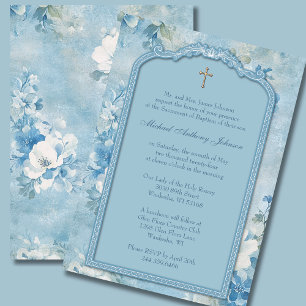 Baptism Christening Blue White Floral Invitation