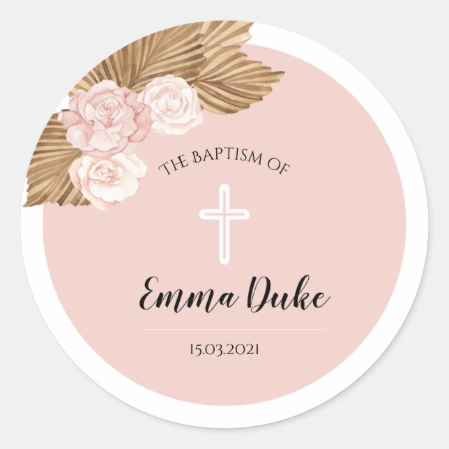 Baptism Christening Blush Arch Boho Invitation Classic Round Sticker (Front)
