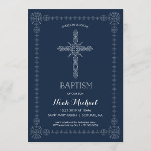 Baptism, Christening Boys Invitation Elegant Cross