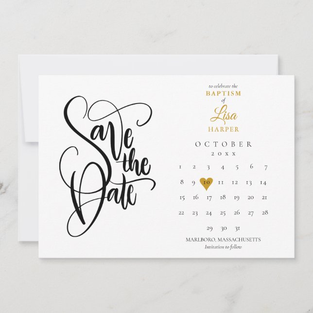 Baptism Christening Calendar Gold Heart Save The Date (Front)