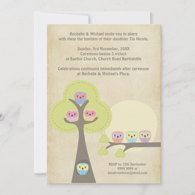 Baptism Christening Ceremony Night Owls Invitation (Front)