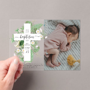 Baptism Christening Cross Greenery Custom Photo Acrylic Invitations