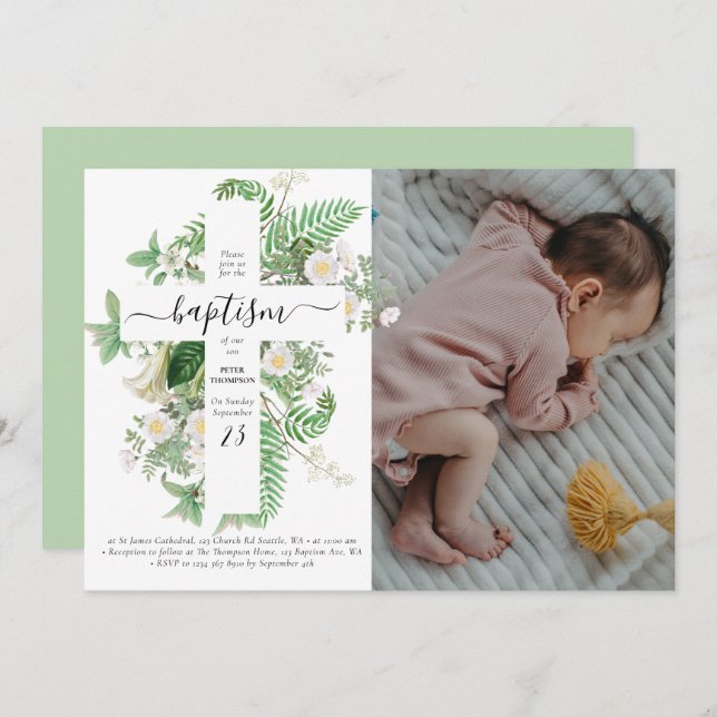 Baptism Christening Cross Greenery Custom Photo Invitation (Front/Back)