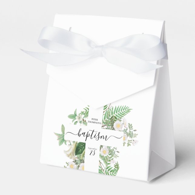 Baptism Christening Cross Greenery Gender Neutral Favour Box (Front Side)