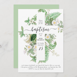 Baptism Christening Cross Greenery Gender Neutral  Invitation