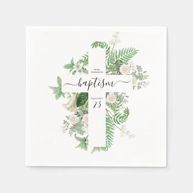 Baptism Christening Cross Greenery Gender Neutral  Napkin (Front)