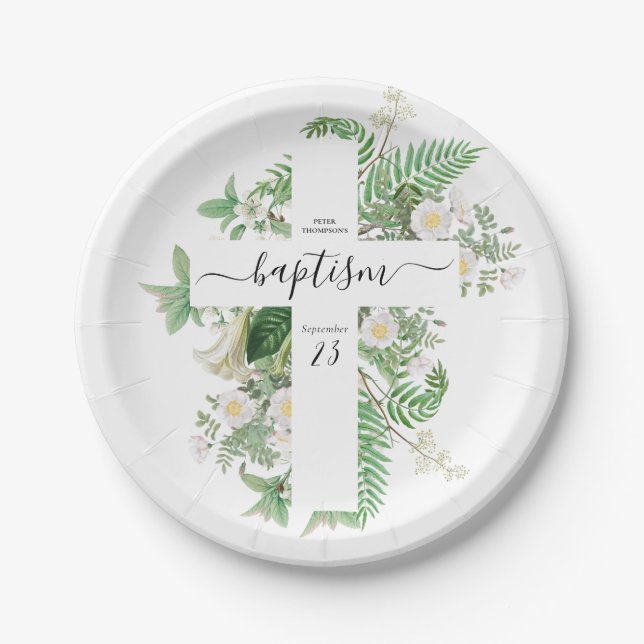 Baptism Christening Cross Greenery Gender Neutral Paper Plate (Front)