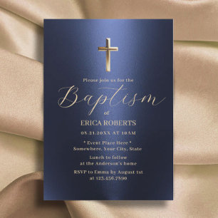 Baptism Christening Cross Modern Navy Blue & Gold Invitation