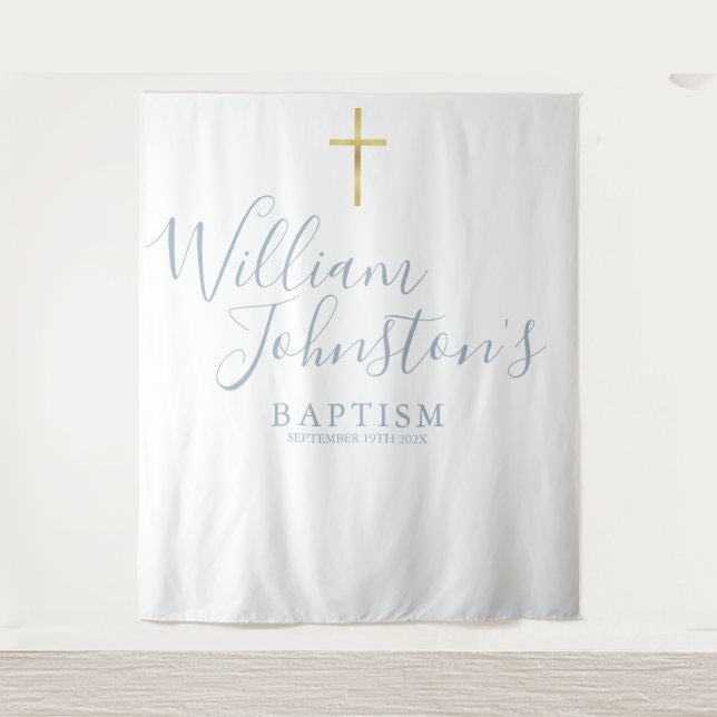 Baptism Christening Dusty Blue Photo Backdrop Tapestry (Front)