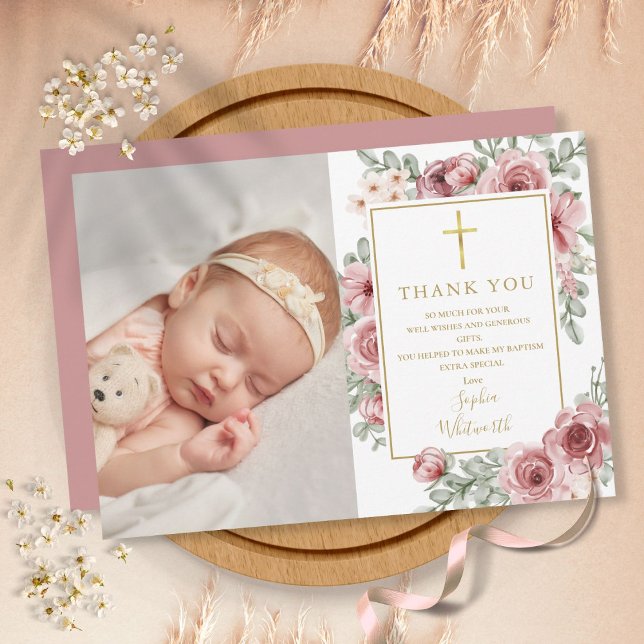 Baptism Christening Dusty Rose Floral Photo Thank You Card (Creator Uploaded)