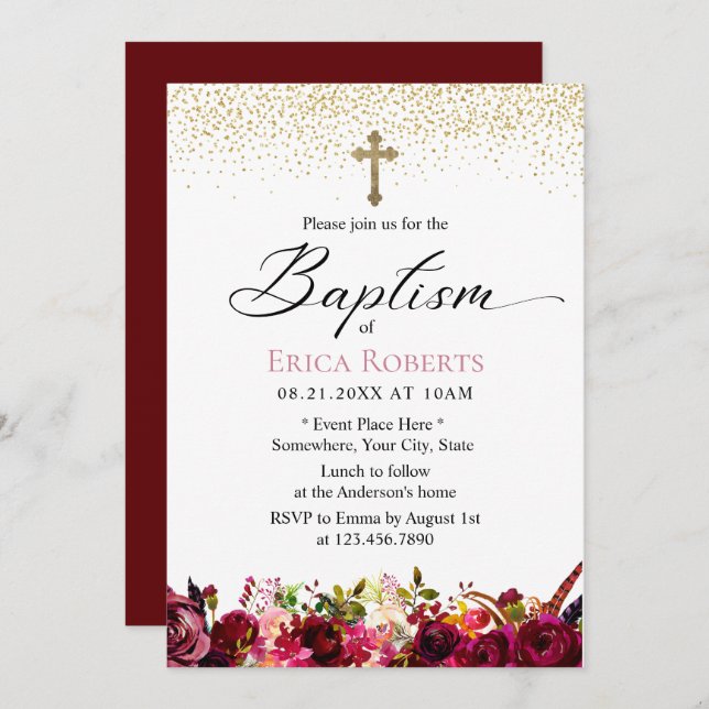 Baptism Christening Elegant Burgundy Red Floral Invitation (Front/Back)