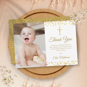 Baptism Christening Elegant Golden Hearts Photo  Thank You Card