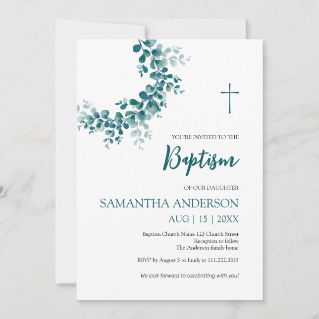 Baptism Christening Eucalyptus Greenery Invitation (Front)