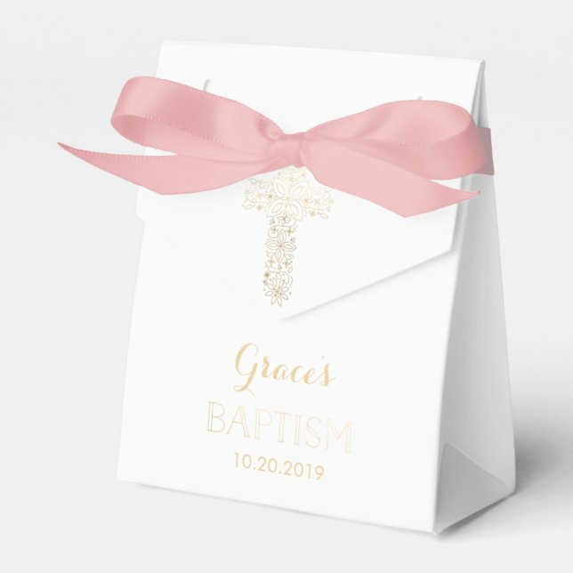 Baptism, Christening Favour Box - Girl, Gold Cross (Front Side)
