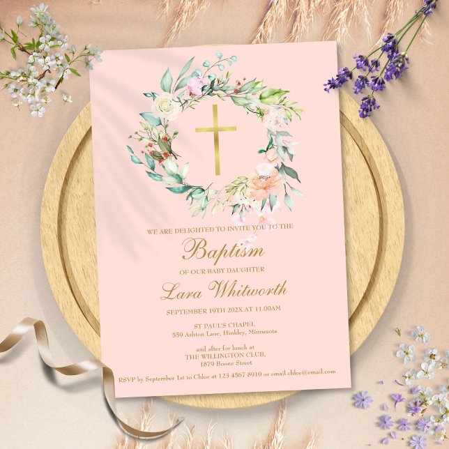Baptism Christening Floral Garland Blush Pink Invitation (Baptism Christening Floral Garland Blush Pink Invitation)