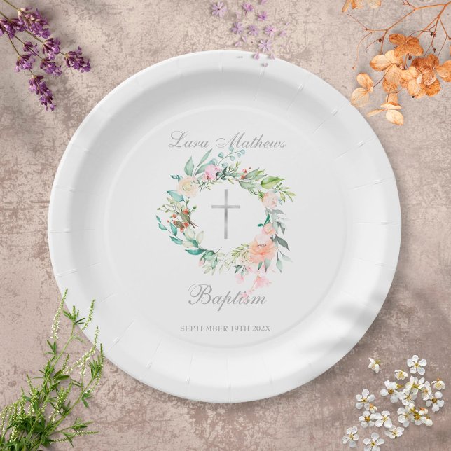 Baptism Christening Floral Silver Cross  Paper Plate (Creator Uploaded)