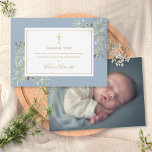 Baptism Christening Foliage Dusty Blue Photo Thank You Card<br><div class="desc">Gold signature baptism christening photo thank you card. Personalise with your photo and special baptism,  christening thank you message in chic gold lettering on this modern elegant dusty blue design. Designed by Thisisnotme©</div>