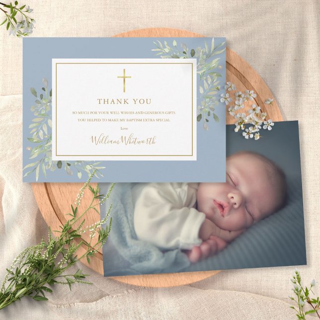 Baptism Christening Foliage Dusty Blue Photo Thank You Card (Creator Uploaded)