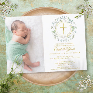 Baptism Christening Garland Gold Cross Photo Invitation