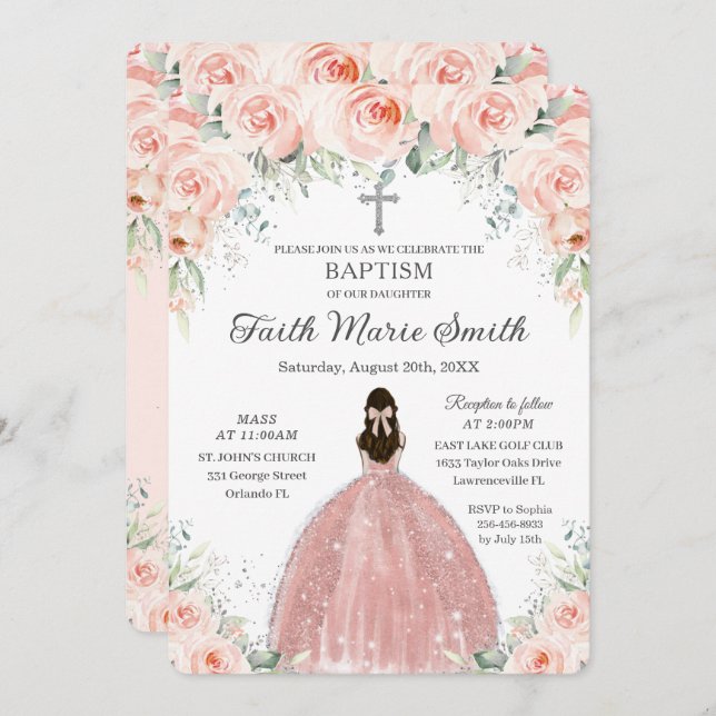 Baptism Christening Girl Blush Floral Roses Silver Invitation (Front/Back)