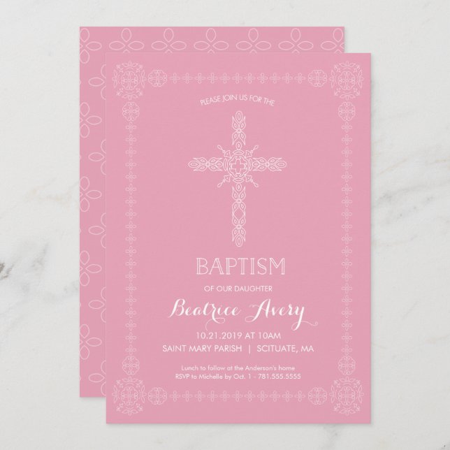 Baptism, Christening Girl Invitation Elegant Cross (Front/Back)