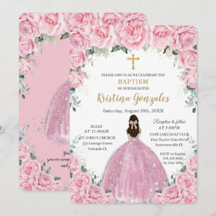 Baptism Christening Girl Pink Floral Gold Cross Invitation