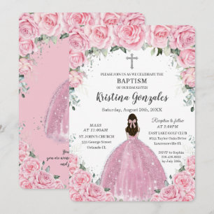 Baptism Christening Girl Pink Floral Silver Cross Invitation