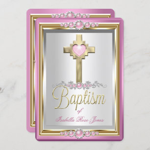 Baptism Christening Girls Cross Pink Pearl Invitation