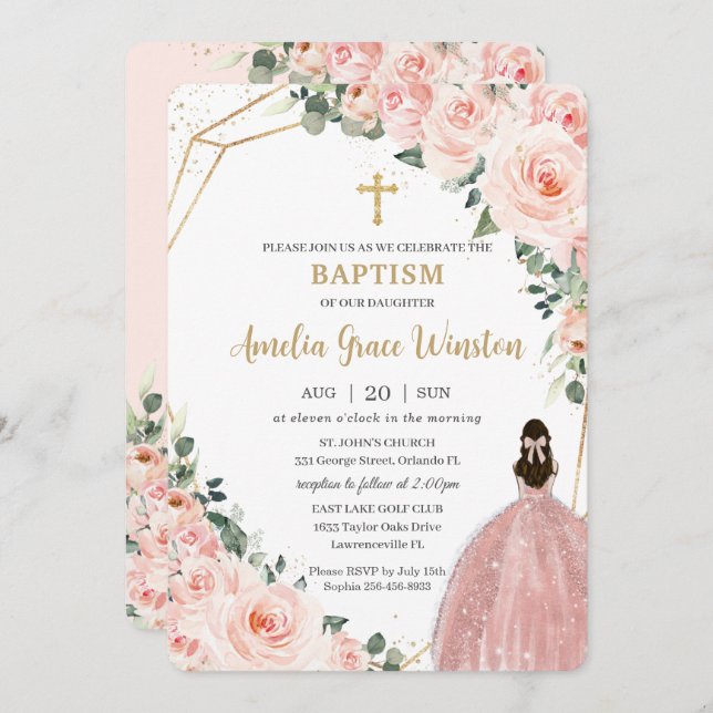 Baptism Christening Gold Blush Floral Flowers Girl Invitation (Front/Back)