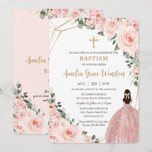 Baptism Christening Gold Blush Floral Flowers Girl Invitation