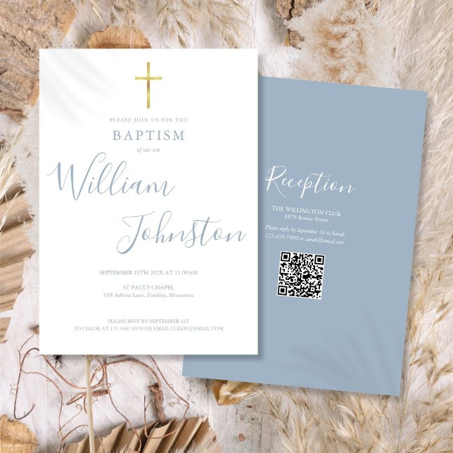 Baptism Christening Gold Cross Dusty Blue QR Code Invitation (Baptism Christening Gold Cross Dusty Blue QR Code Invitation)