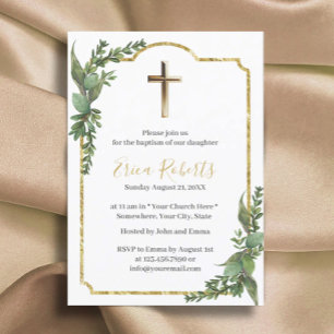 Baptism Christening Gold Cross Elegant Botanical Invitation