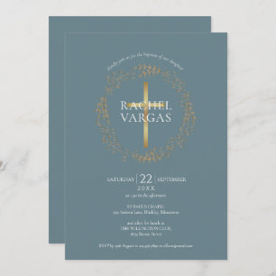 Baptism Christening Gold Cross Floral  Invitation