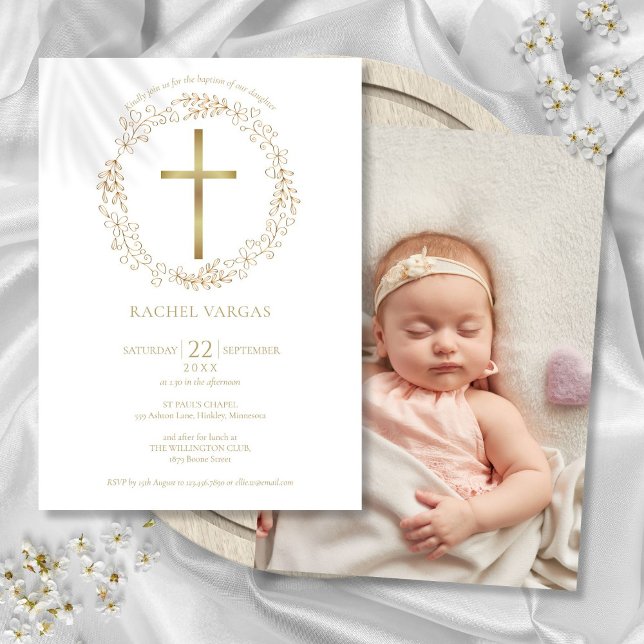 Baptism Christening Gold Cross Floral Photo Invitation (Baptism Christening Gold Cross Floral Photo Invitation)