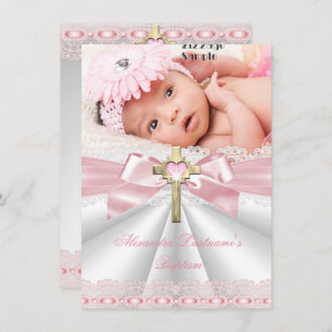 Baptism Christening Gold Cross Girls Pink Invitation