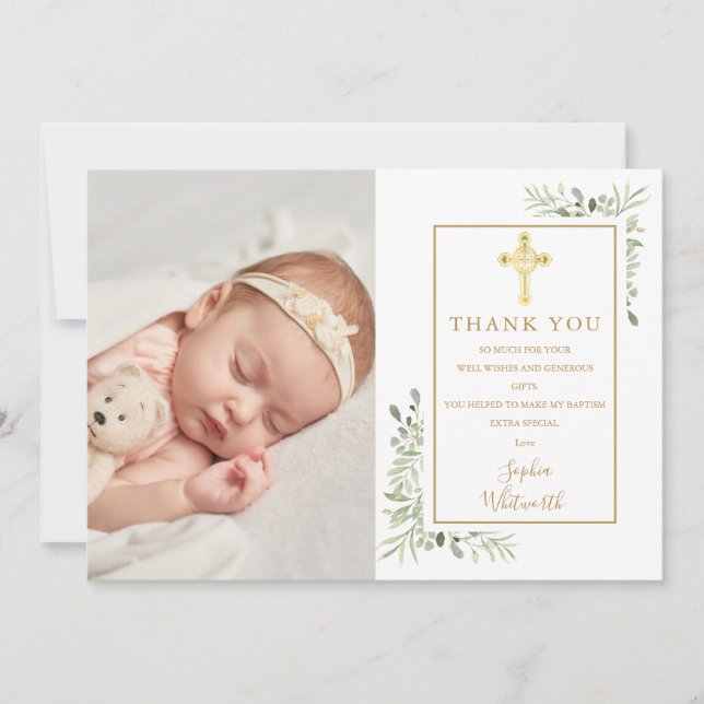 Baptism Christening Gold Cross Greenery Photo Thank You Card (Front)