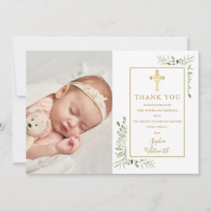 Baptism Christening Gold Cross Greenery Photo Thank You Card