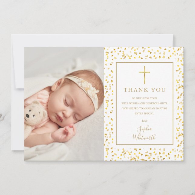 Baptism Christening Gold Hearts Confetti Photo Thank You Card (Front)