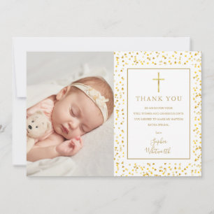 Baptism Christening Gold Hearts Confetti Photo Thank You Card