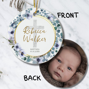 Baptism Christening Golden Blue Eucalyptus Flowers Ceramic Ornament