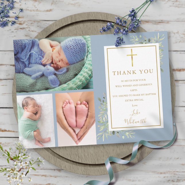 Baptism Christening Greenery 3 Photo Dusty Blue Thank You Card (Baptism Christening Greenery 3 Photo Dusty Blue Thank You Card)