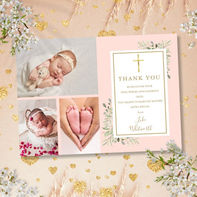 Baptism Christening Greenery Blush Pink 3 Photo Thank You Card (Baptism Christening Greenery Blush Pink 3 Photo Thank You Card)