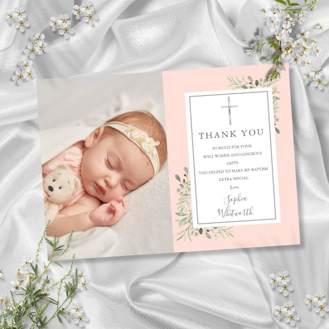 Baptism Christening Greenery Blush Pink Photo Thank You Card (Baptism Christening Greenery Blush Pink Photo Thank You Card)