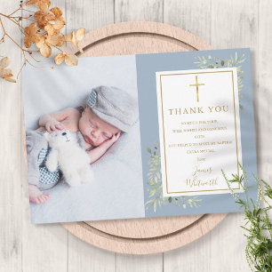 Baptism Christening Greenery Photo Blue Boy Thank You Card
