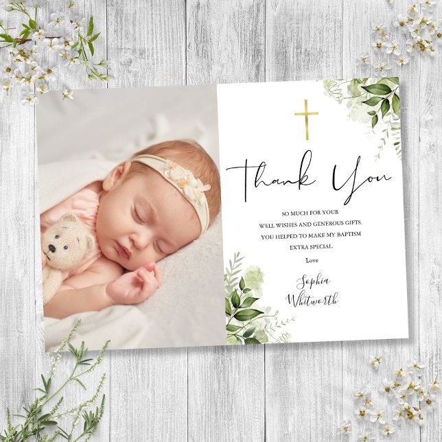 Baptism Christening Greenery Photo Script Thank You Card (Baptism Christening Greenery Photo Script Thank You Card)